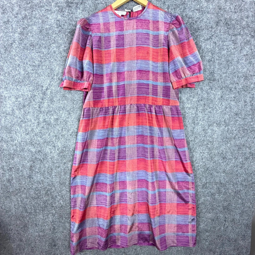 Vintage Warren House Dress Womens 10 Petites Purple Red Plaid Colorful Picnic
